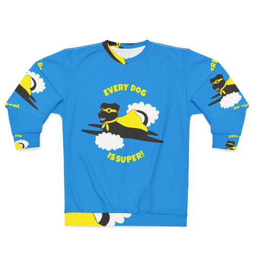 Superhero dog in black costume wearing a sweatshirt