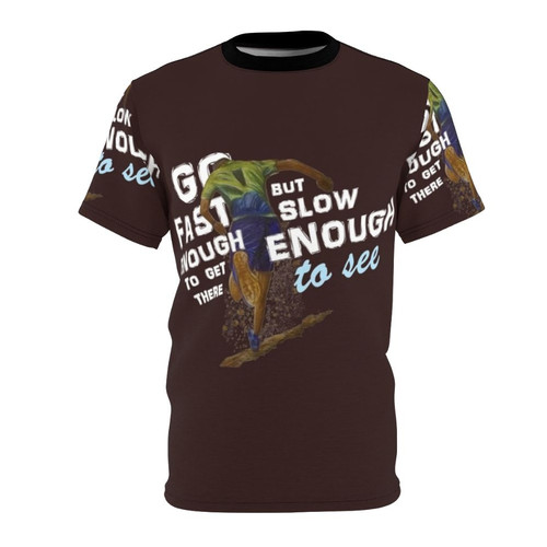 Trailrun AOP T-shirt featuring a motivational quote for trail runners