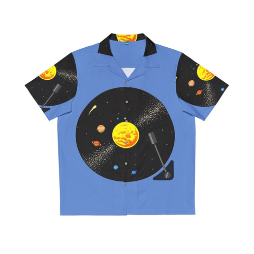 Solar system vinyl record design on a Hawaiian shirt