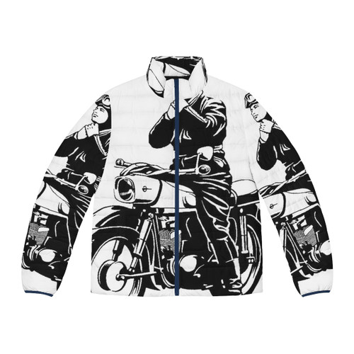 Vintage MZ ES150 motorbike puffer jacket, perfect for cold weather motorcycle riding