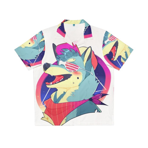 Shiba Inu wearing a colorful Hawaiian shirt