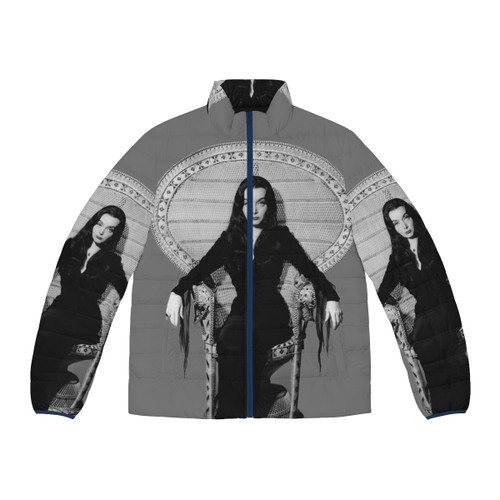 Morticia Addams inspired puffer jacket with gothic design