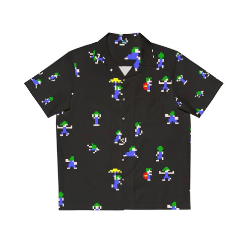 Lemmings in action pixel art design on a vibrant Hawaiian shirt
