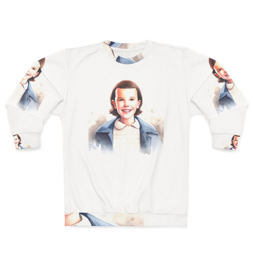 Eleven from Stranger Things wearing a sweatshirt