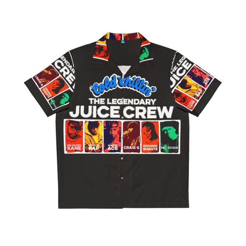 Colorful vintage Hawaiian shirt with Juice Crew rap group graphics