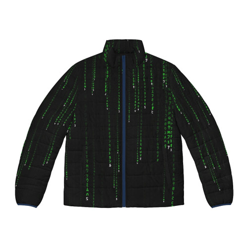 Matrix-inspired green puffer jacket with coded design