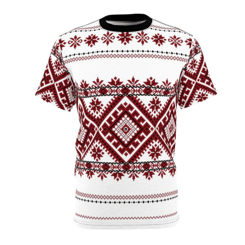 Stylish t-shirt featuring a traditional Romanian geometric pattern in red and black