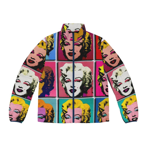 Vibrant puffer jacket featuring a Marilyn Monroe inspired abstract art deco pop art design