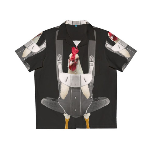 Chicken in baby carrier wearing a Hawaiian shirt