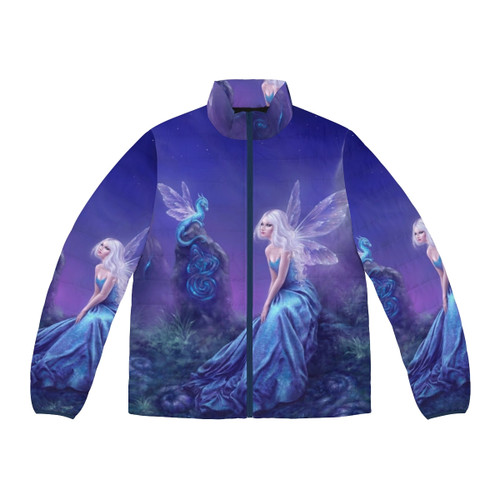 Luminescent puffer jacket featuring a fairy dragon design in blue and purple hues with fantasy elements like celtic knots and standing stones.