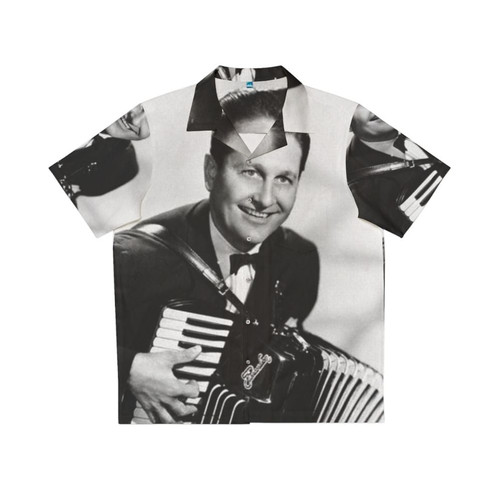 Vintage black and white photograph of Lawrence Welk smiling while holding an accordion, featured on a Hawaiian shirt