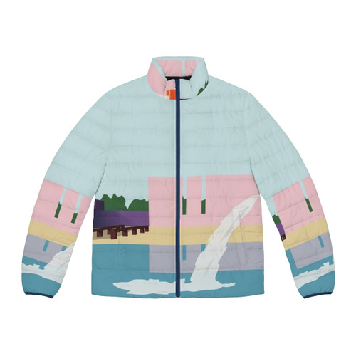 Colorful puffer jacket with geometric patterns, inspired by the iconic Mexican architect Luis Barragan