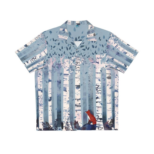 A Hawaiian shirt featuring a watercolor design of birch trees in a blue and green forest landscape