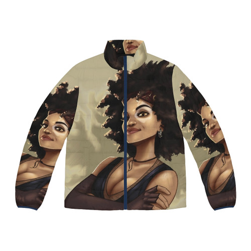 A cozy puffer jacket featuring the iconic Marvel characters Deadpool and Domino in a lucky, comic book-inspired design.