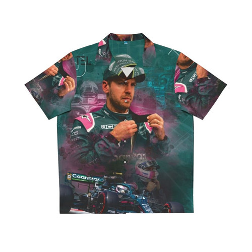 Sebastian Vettel wearing a Hawaiian-style shirt with Formula 1 and Aston Martin branding
