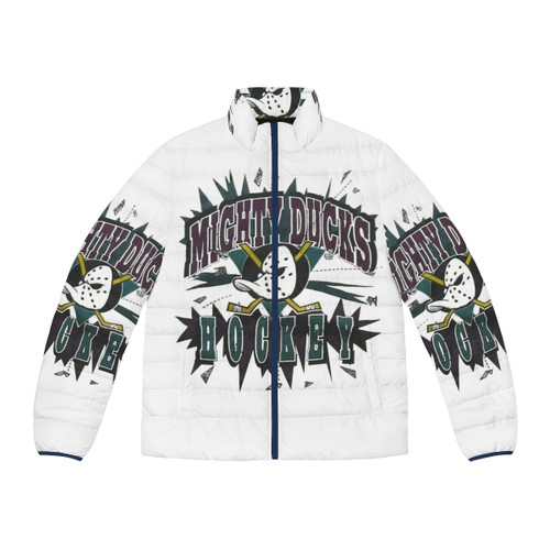 Mighty Ducks hockey-themed puffer jacket with funny artistic design
