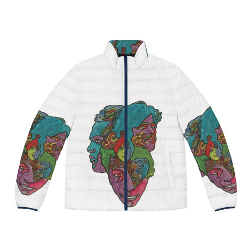 Retro future puffer jacket featuring a romantic space collage design