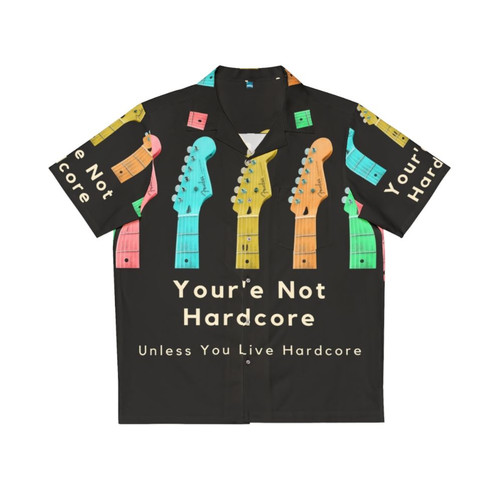 Man wearing a School of Rock inspired Hawaiian shirt with guitars and rock and roll elements