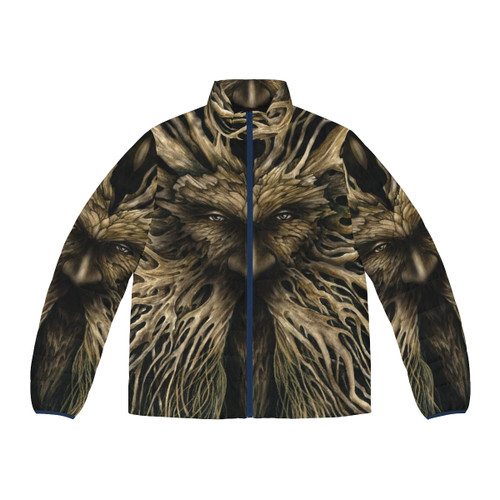 Model wearing Lord of the Greenwood puffer jacket, inspired by mythological woodland spirits