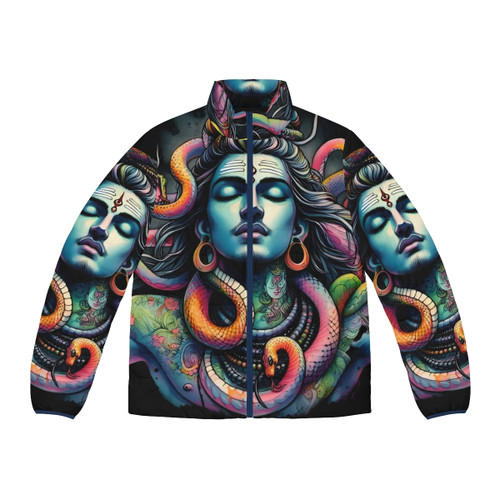 Lord Shiva Puffer Jacket featuring Hindu deity with snakes