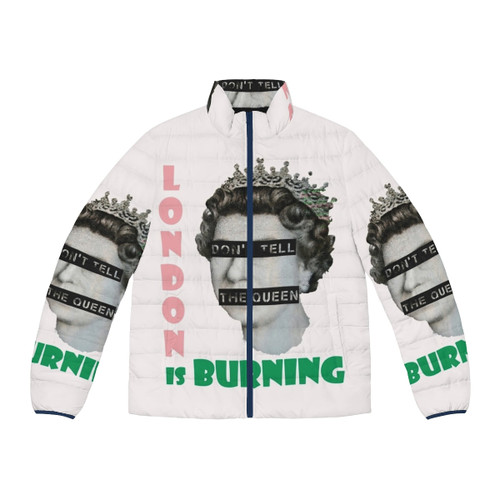 London Is Burning Puffer Jacket featuring iconic punk rock graphics