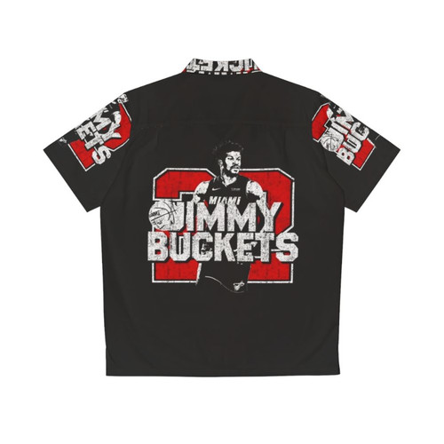 Jimmy Butler wearing a tropical print Hawaiian shirt with the Miami Heat logo - Back