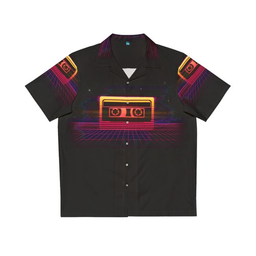 Retro 80s sunset cassette Hawaiian shirt with vibrant neon colors and wavy patterns