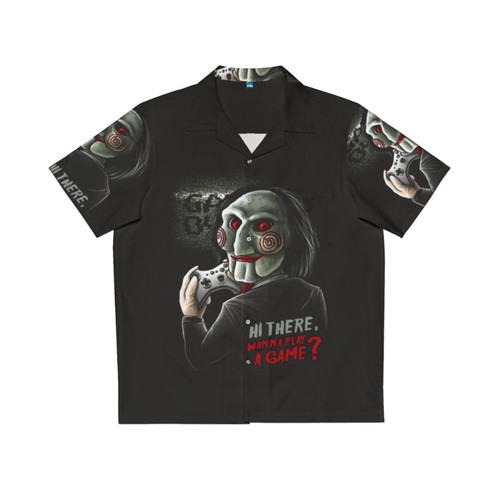 Saw-inspired horror movie Hawaiian shirt with jigsaw killer and gamer design