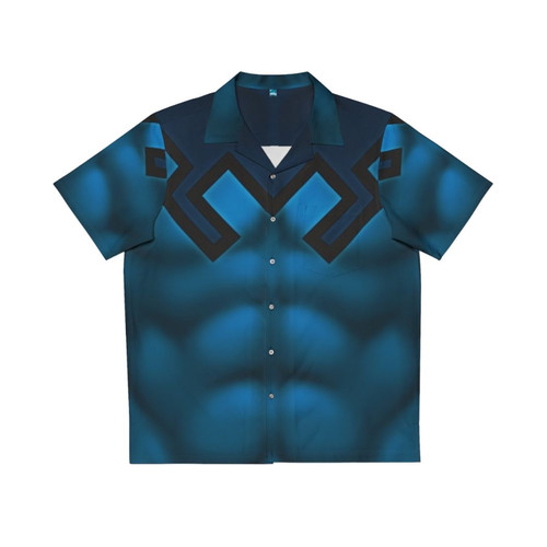 Blue Beetle superhero art printed on a Hawaiian-style shirt
