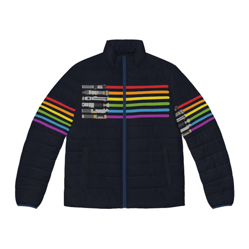 A vibrant puffer jacket with a galaxy print and colorful lightsabers, perfect for Star Wars and LGBTQ+ fans.