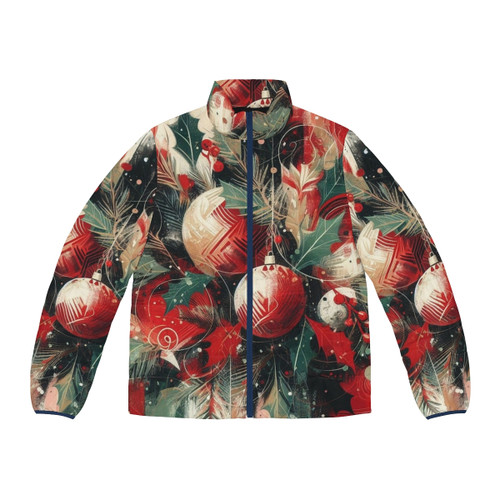 Person wearing a light-up Christmas puffer jacket with festive decorations