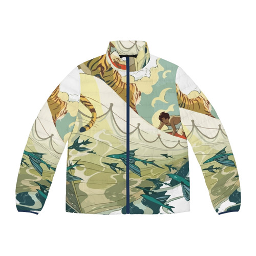 Life of Pi inspired puffer jacket with minimalist tiger in boat design