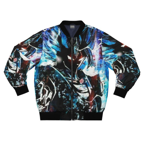 Super Saiyan God Blue Bomber Jacket featuring iconic Dragon Ball characters and designs