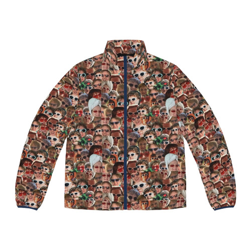 A colorful collage puffer jacket featuring the face of singer-songwriter Lewis Capaldi