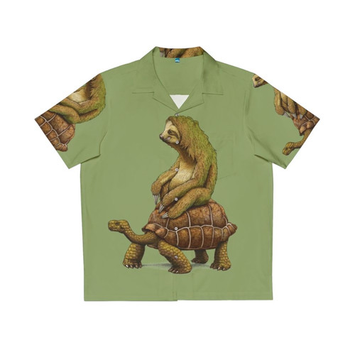 Relaxed Hawaiian shirt featuring a sloth riding a turtle in earth-tone colors