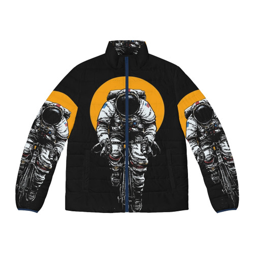 A black puffer jacket with a "Let's Save Kupo" design, featuring fantasy elements like a feather pen, bat wings, and Japanese text.