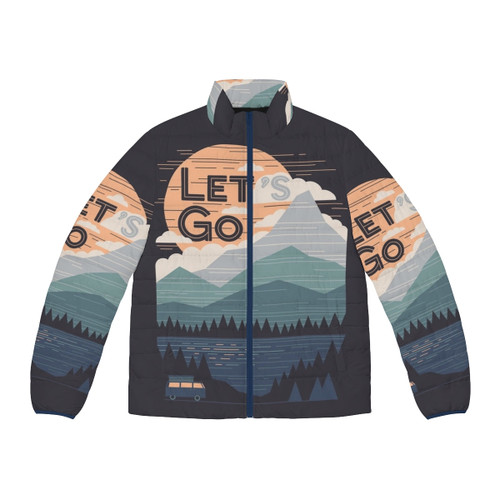 Let's Go Puffer Jacket featuring a minimalist graphic design of mountains and a quotation