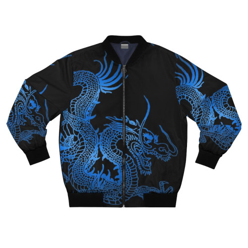 Blue Chinese dragon bomber jacket with mythical creature design