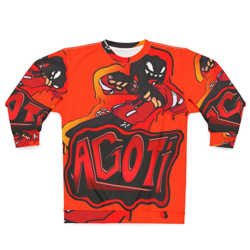 Agoti FNF mod character graffiti print on a cozy sweatshirt