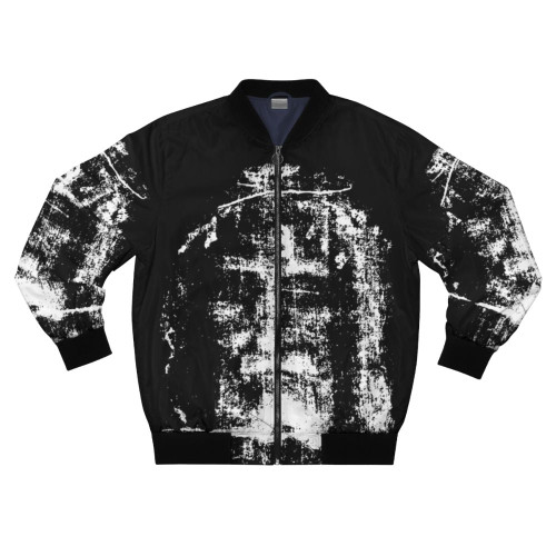 Bomber jacket featuring the face of Jesus Christ from the Shroud of Turin