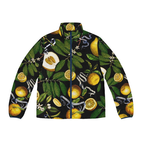 Lemon Tree Black Puffer Jacket with Botanical Leaves and Fruit Design