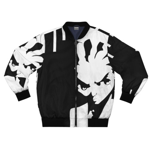 Model wearing a Boondocks-inspired bomber jacket with afro hairstyle and urban streetwear accessories