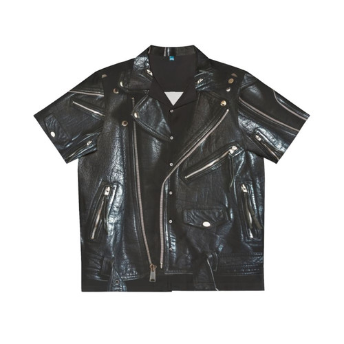 Black leather jacket with a tropical Hawaiian shirt pattern