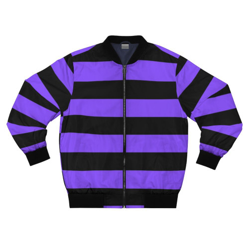 Vibrant purple and black striped bomber jacket with a bold color block design