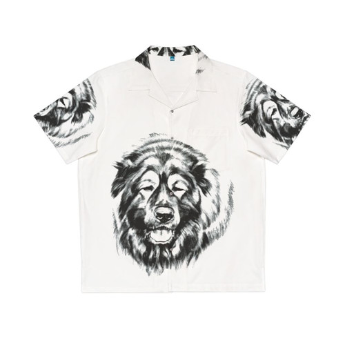 Russian Bear Dog wearing a vibrant Hawaiian shirt