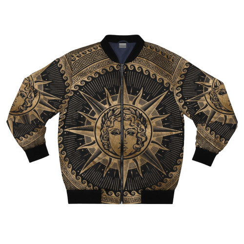 A bomber jacket featuring a golden Apollo sun god design on a Greek key ornament pattern.