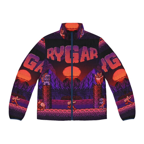 Retro gaming inspired puffer jacket featuring Rygar the legendary warrior
