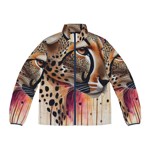 Cheetah print puffer jacket on a model in a natural setting