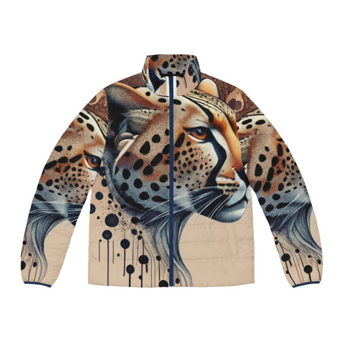 Cheetah print puffer jacket with nature inspired design