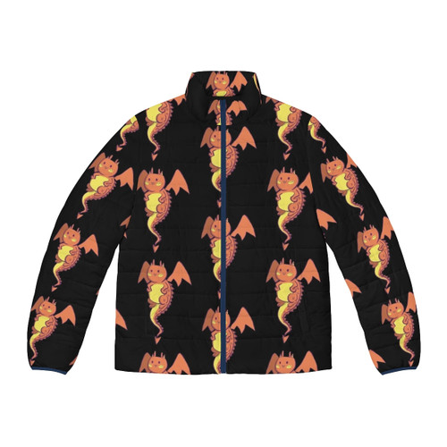 A puffer jacket featuring a whimsical cat dragon design, perfect for fantasy and animal-lover enthusiasts.